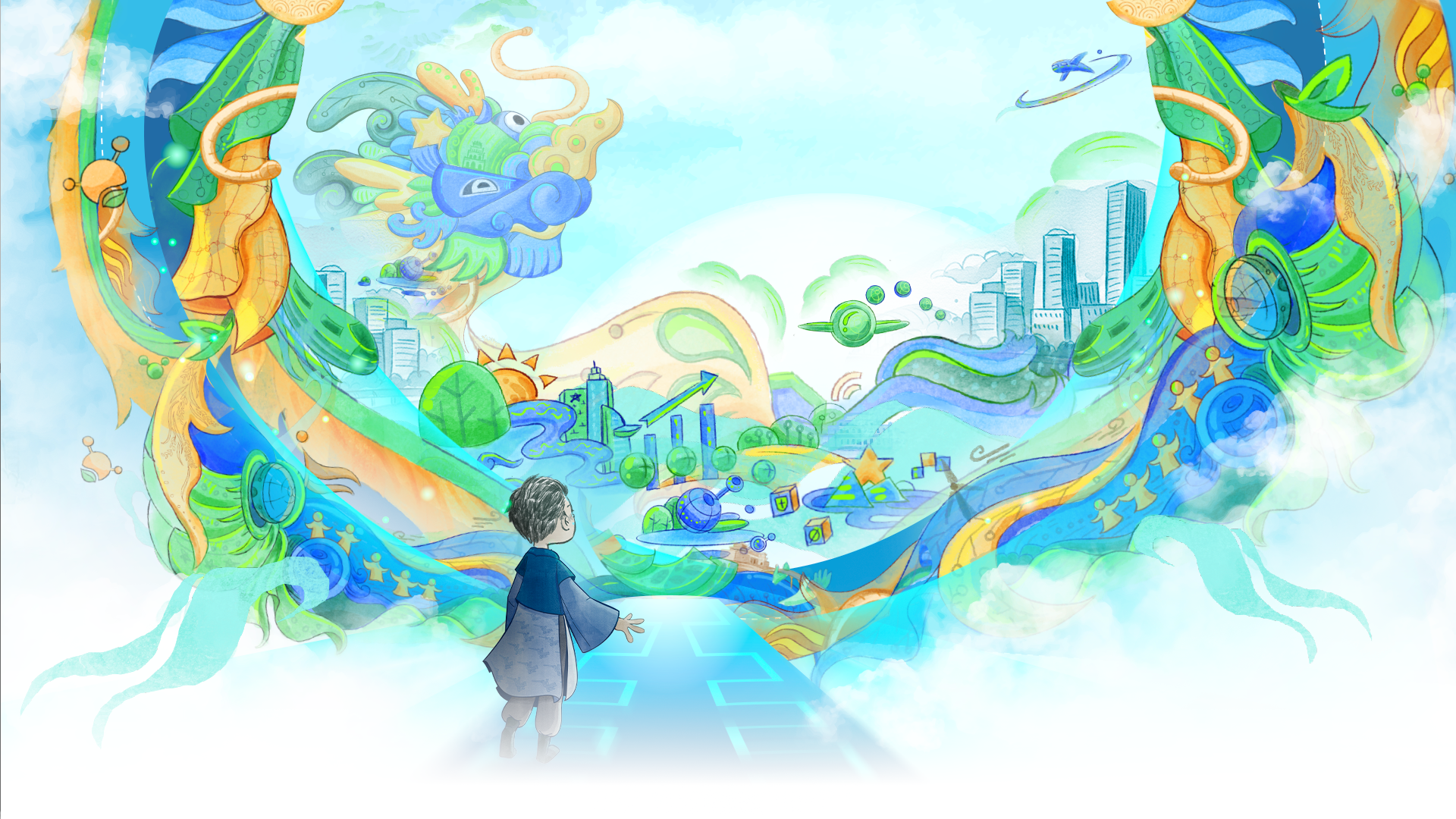 A young child in traditional Japanese clothing standing on a glowing blue path, looking at a vibrant fantasy scene of swirling dragons, futuristic cityscape, and colorful symbols representing technology and growth.