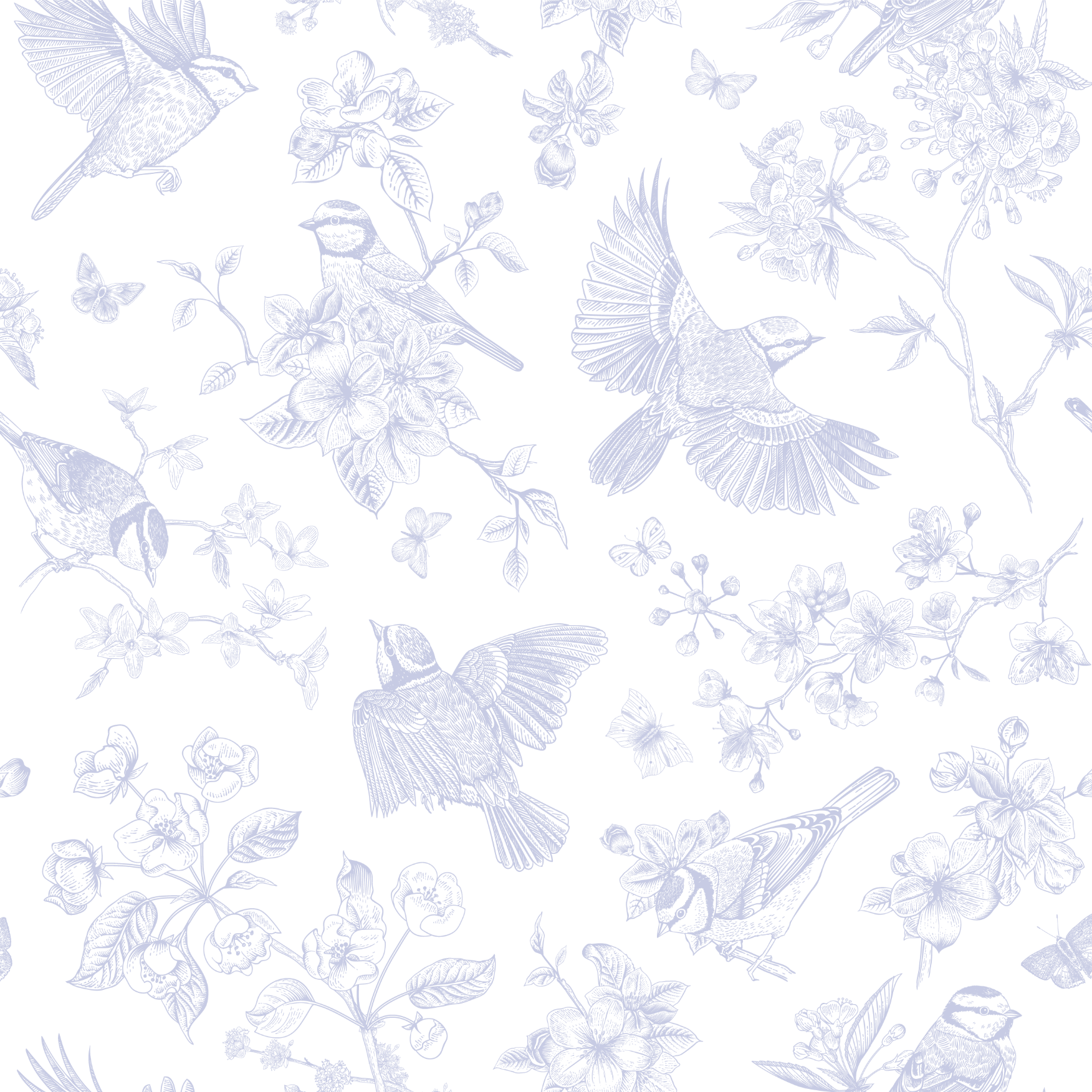 Pattern of blue birds, butterflies, and flowers on a black background.