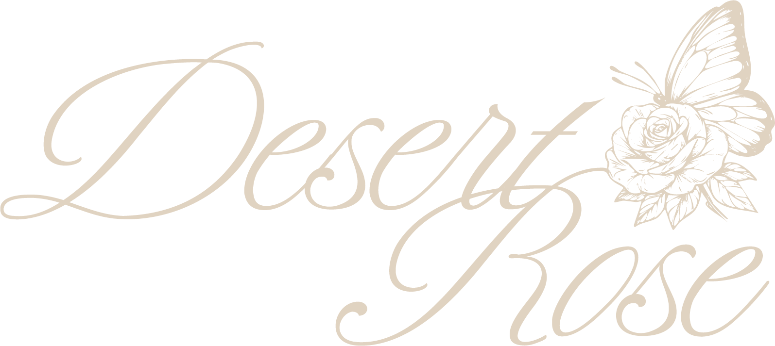 Decorative text 'Desert Rose' in elegant cursive script with a detailed line drawing of a rose and a butterfly.