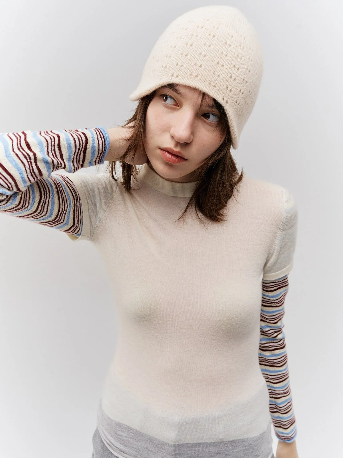 2 In 1 Long Sleeve Tshirt - Striped Eggshell