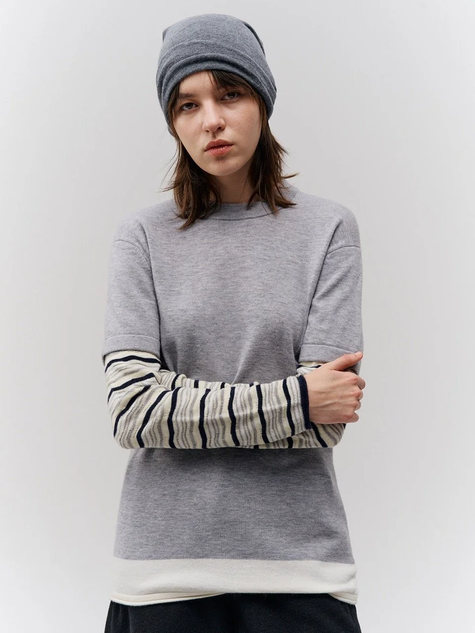 2 In 1 Long Sleeve Tshirt - Striped Air Grey