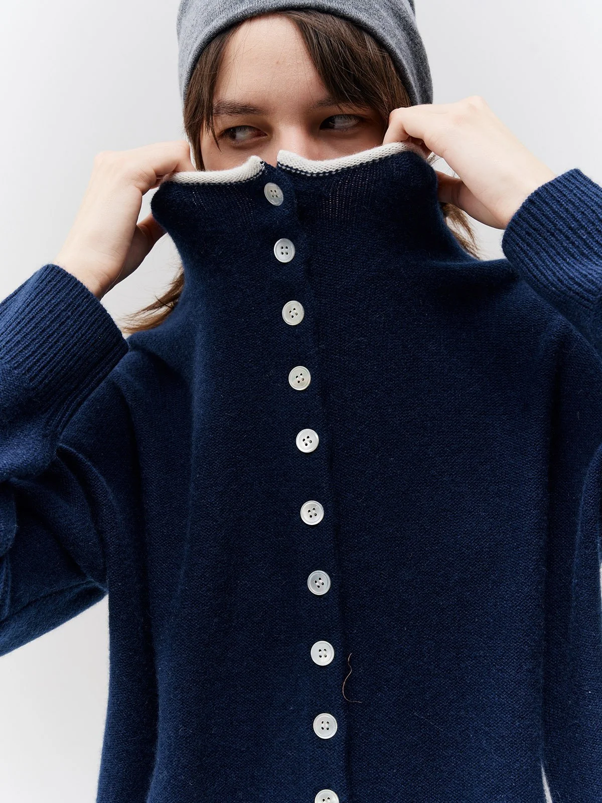 Piped-Neck Cardigan - Navy