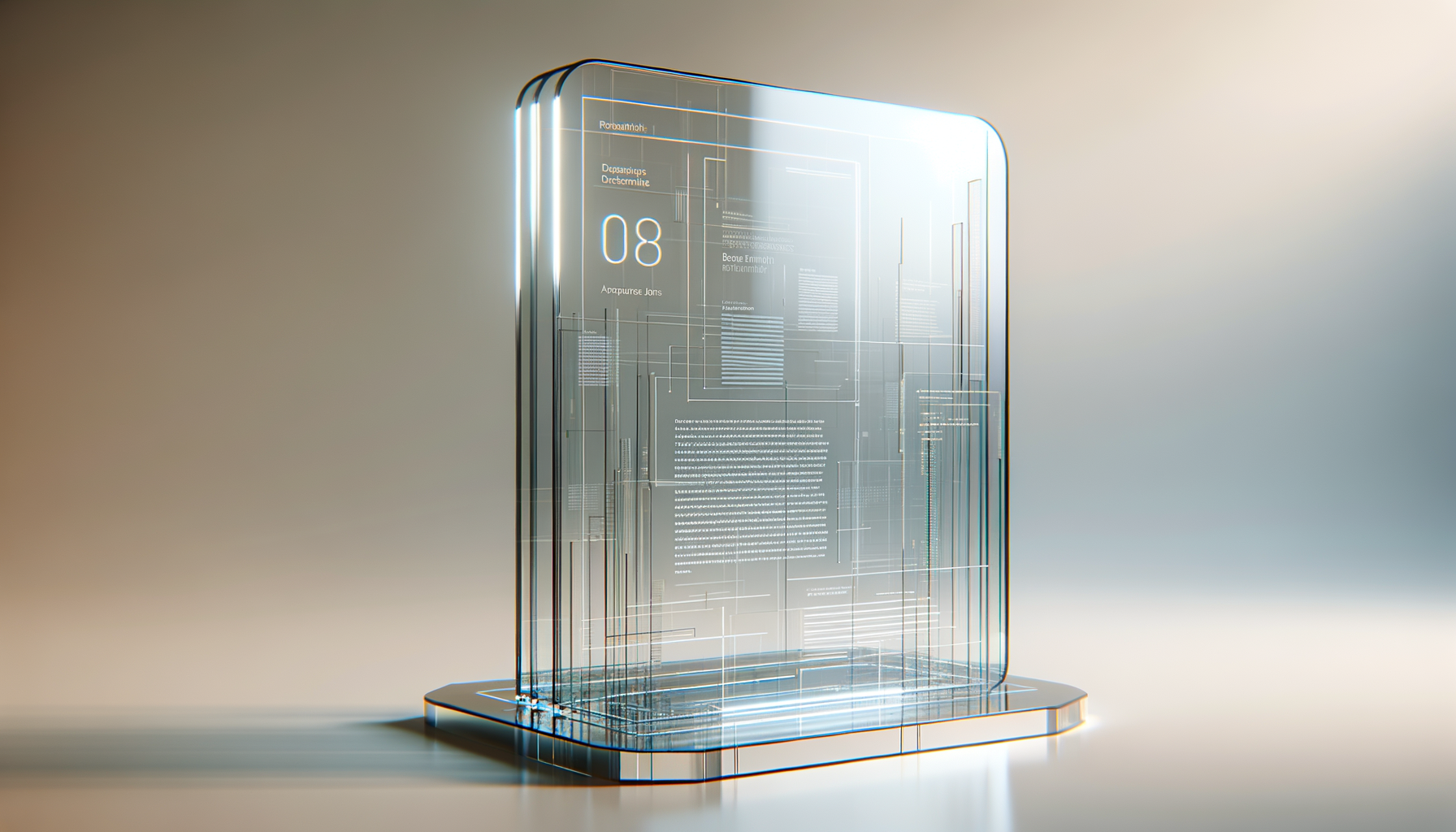 Una estructura futurista y transparente de un teléfono inteligente con pantallas digitales flotantes y detalles de gráficos y texto en un entorno minimalista.