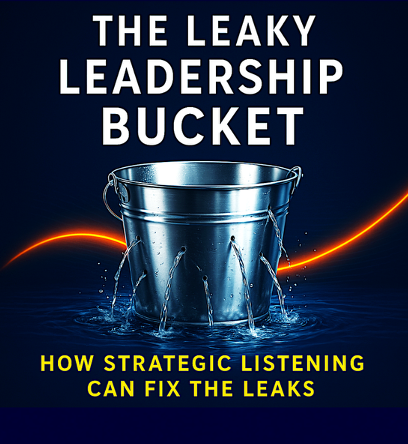 Book cover titled 'The Leaky Leadership Bucket: How Strategic Listening Can Fix the Leaks' depicting a metal bucket with water dripping from it, set against a dark background with orange light streaks.