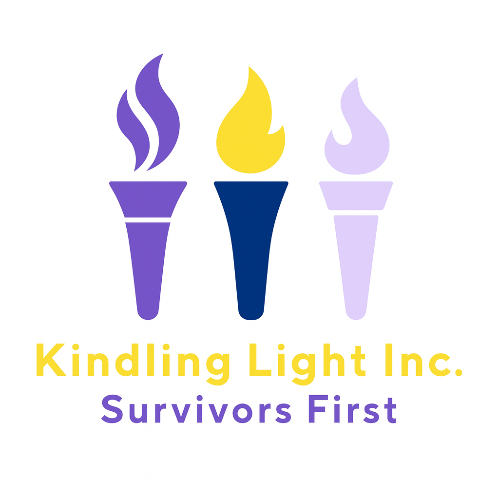 Logo featuring three stylized candles with flames in purple, yellow, and light purple, and the text "Kindling Light Inc. Survivors First" in yellow and purple.