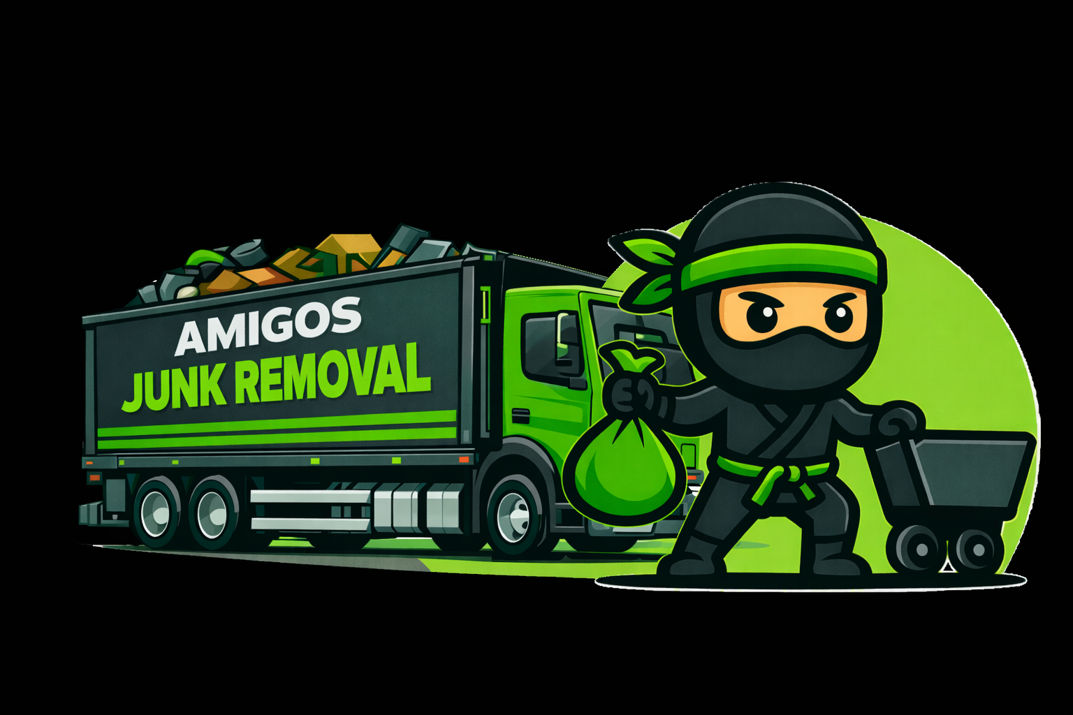 Cartoon of a ninja character in black and green holding a green bag of trash, next to a green junk removal truck labeled "Amigos Junk Removal", with a green background and a hand truck nearby.