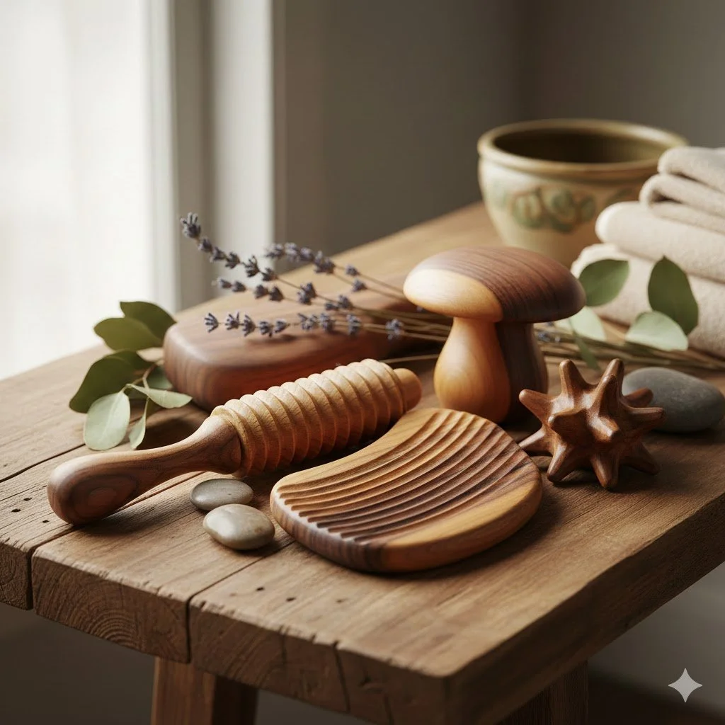 Decorative spa or massage items including wooden massage roller, mushroom-shaped wooden massage tool, carved wooden star, wooden dish, and a bowl, placed on a wooden surface with plants and towels in the background.