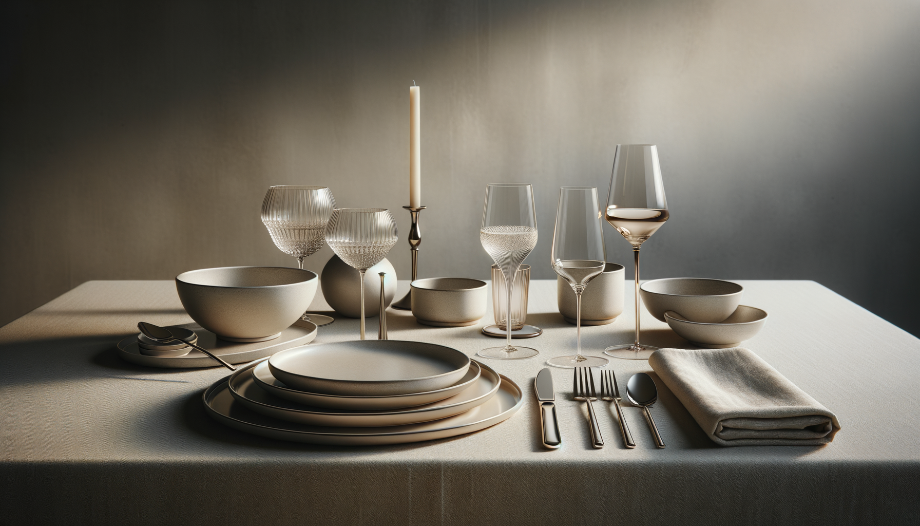 Elegant table setting with white plates, bowls, wine glasses, water glasses, silverware, a candle, and a napkin on a white tablecloth