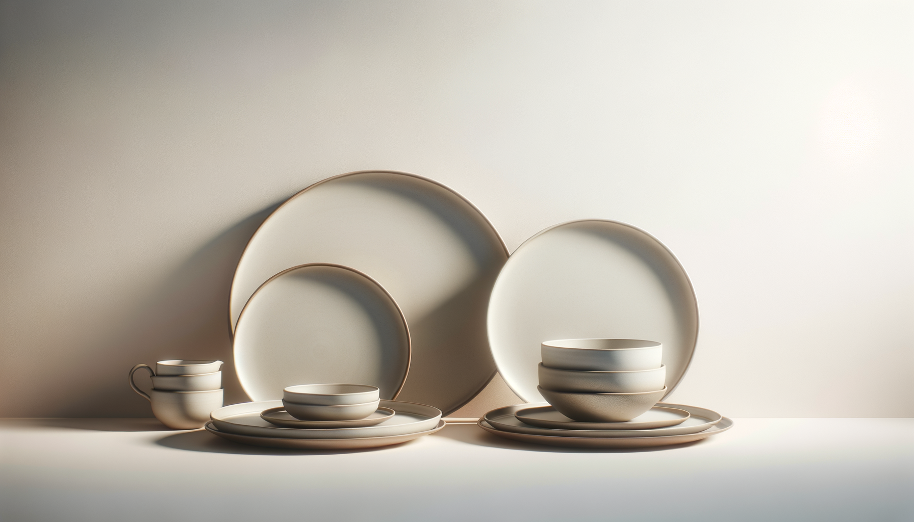 Stacked white ceramic dishes, including plates, bowls, and cups, arranged on a white surface with a plain light background.