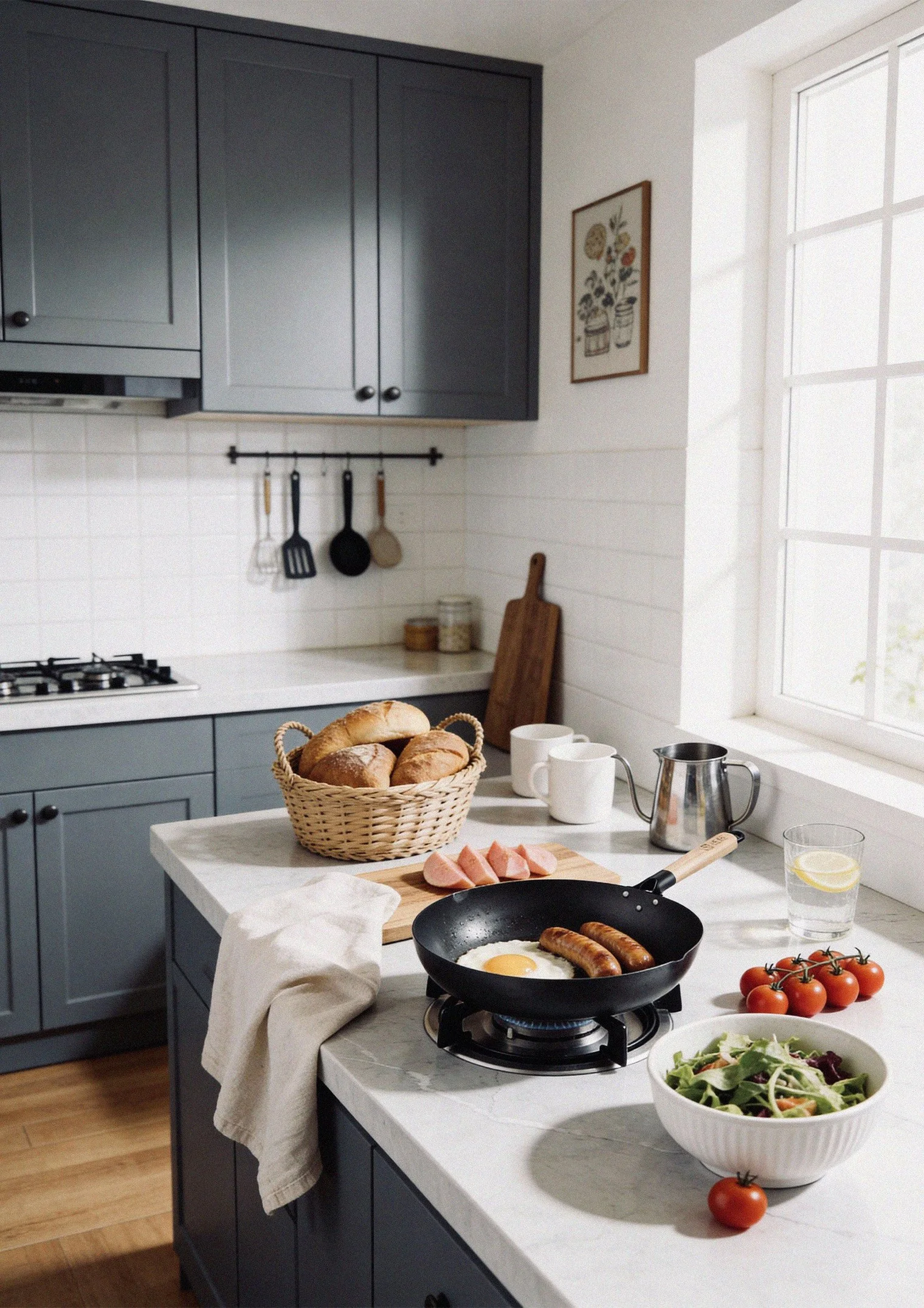 A cozy kitchen scene with a marble countertop, a breakfast basket with bread, a frying pan with eggs and sausages, cherry tomatoes, a salad bowl, and coffee cups, set near a large window with natural light.