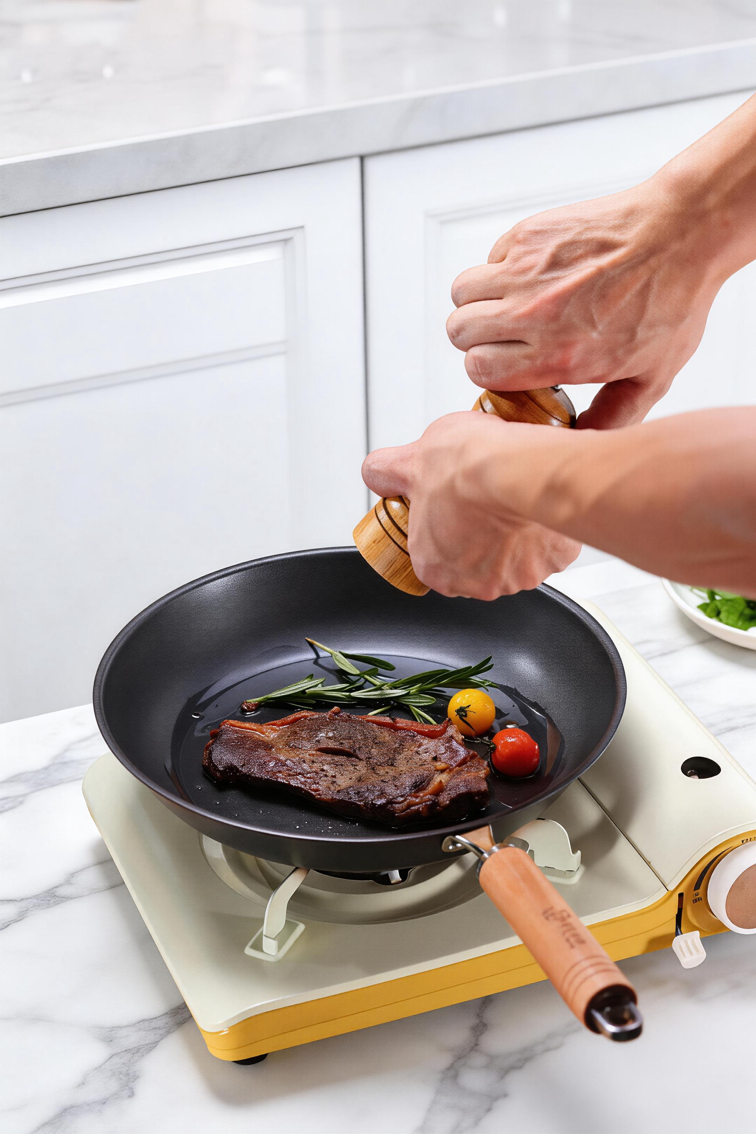 Person seasoning a cooked steak with herbs and cherry tomatoes in a frying pan on a portable stove.