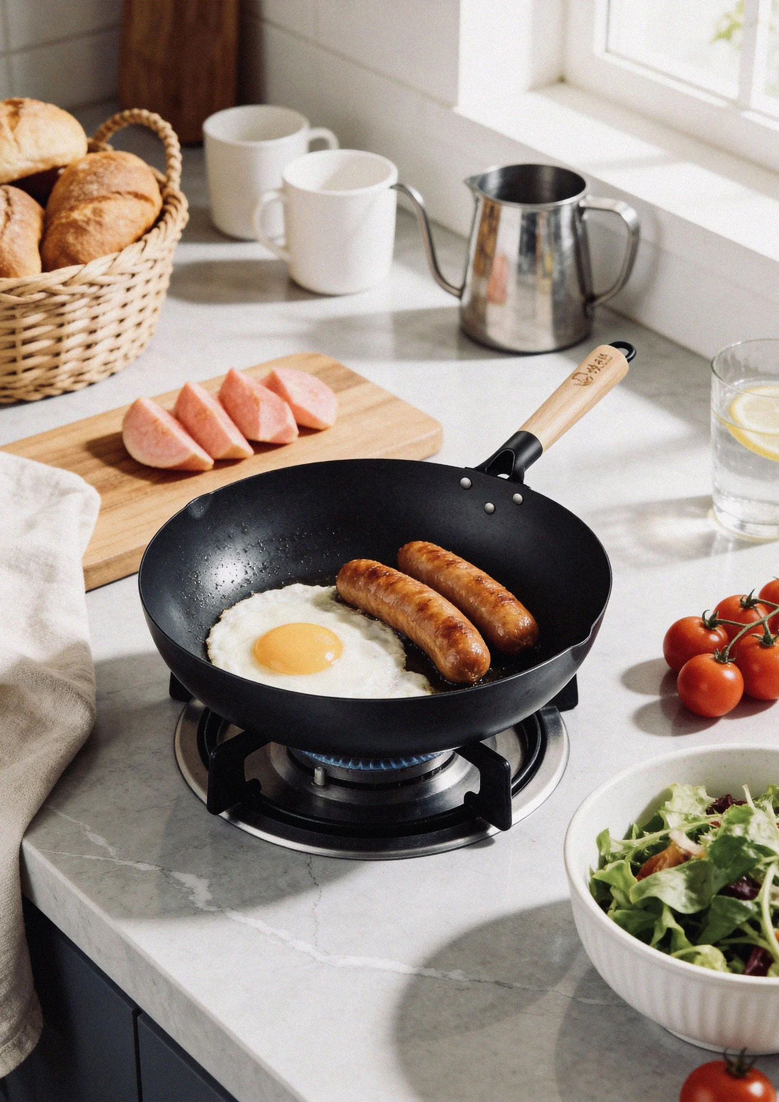 Frying two sausages and a sunny-side-up egg in a black skillet on a gas stove in a bright kitchen, with a bowl of salad, cherry tomatoes, sliced ham, and a glass of water with lemon nearby.