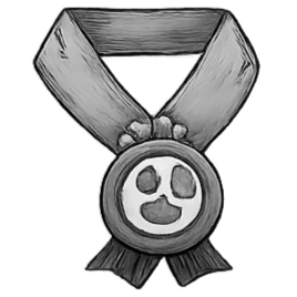 A grayscale drawing of a medal with a ribbon, featuring a skull-like face design on the medal.