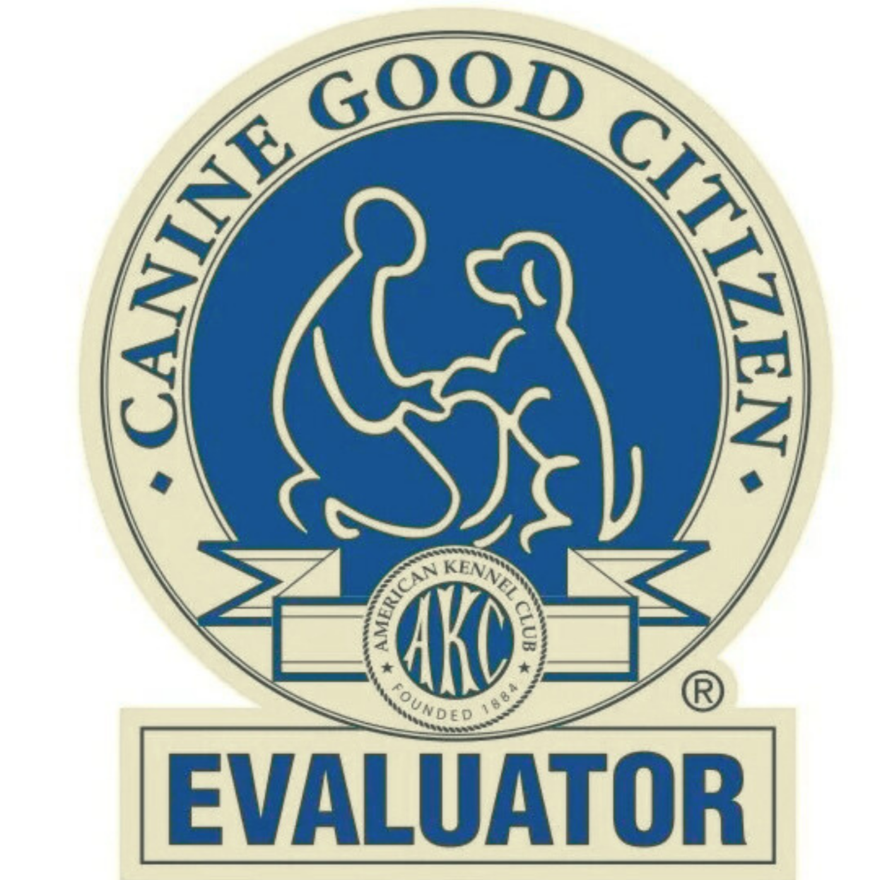 Seal of the American Kennel Club with the words 'Canine Good Citizen' and the word 'Evaluator' underneath.