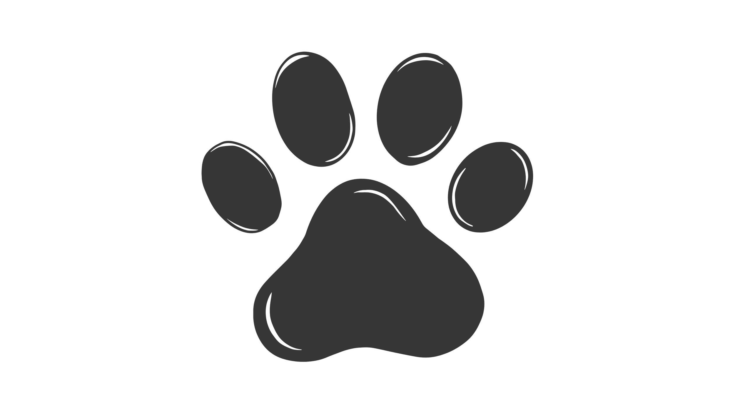A black and gray illustration of a dog's paw print on a black background.