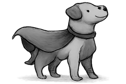 A cartoon dog wearing a cape, standing confidently with a smiling expression.