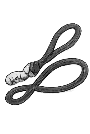 Black and white illustration of a safety pin and a piece of string forming the shape of a tennis racket.