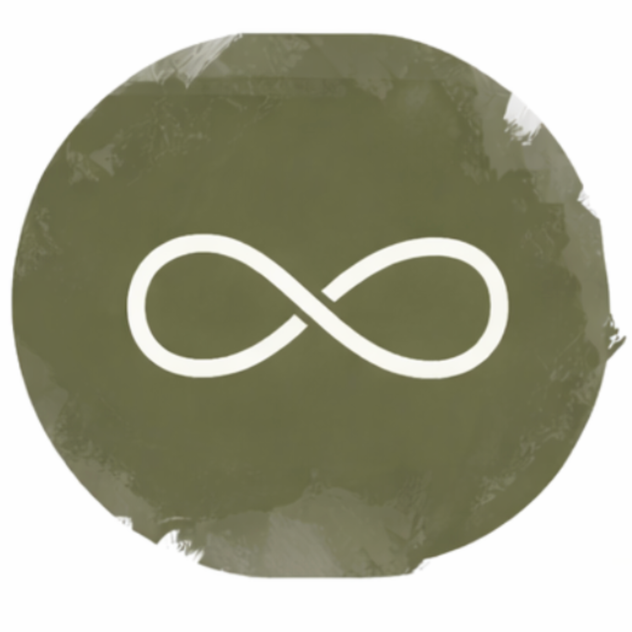 A circular, green, weathered badge with a white infinity symbol in the center.