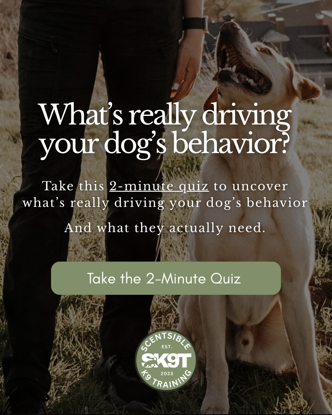 A person standing outdoors with a happy dog sitting beside them. The person is wearing black pants and a black watch, and the dog appears to be a Labrador or similar breed.