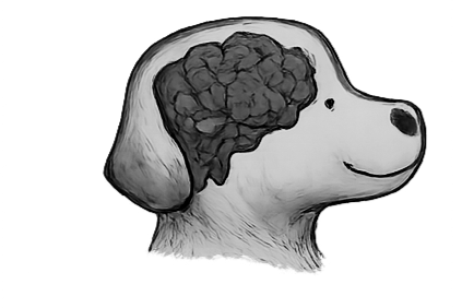 Black and white illustration of a dog with a brain inside its head.
