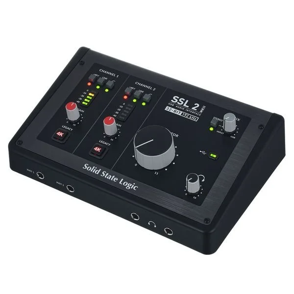 Solid State Logic SSL 2 audio interface with two channels, knobs for volume and gain, and multiple LED indicators.