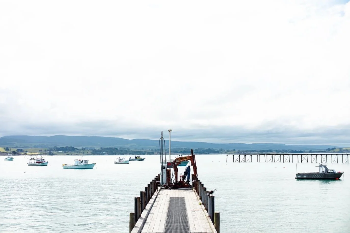 A wooden pier extends into a calm body of water with several boats anchored nearby, and rolling hills with a cloudy sky in the background.