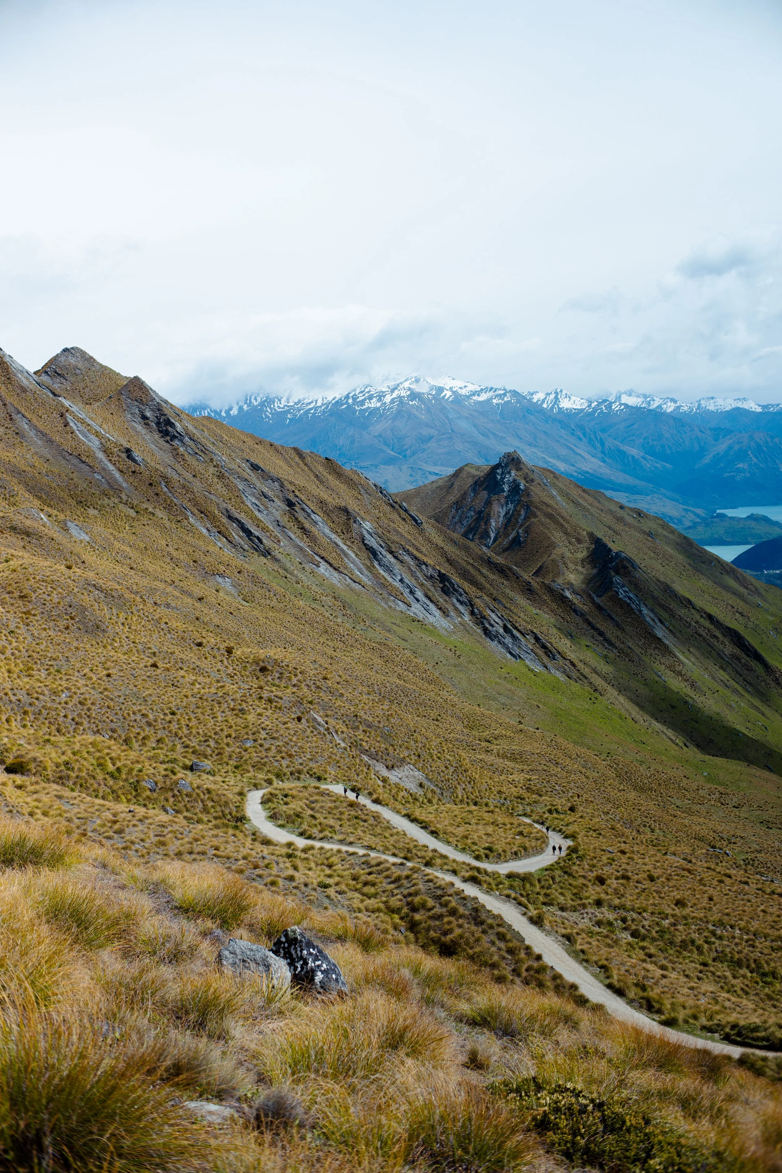 Scenic mountain landscape with winding dirt trail, grassy and rocky foreground, snow-capped peaks in the distance, and cloudy sky.