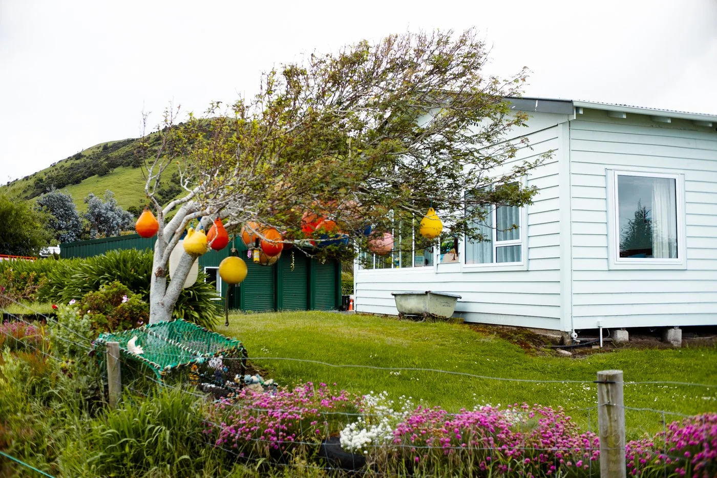 A white house with a lawn and garden, decorated with colorful hanging lanterns, near a tree with a hill in the background.