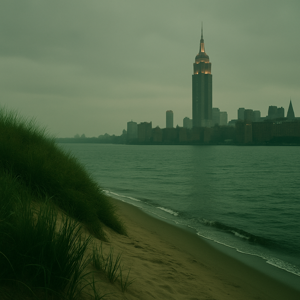 View of the Manhattan skyline with the Empire State Building near the water, seen from a beach with grassy dunes in the foreground, under cloudy skies.