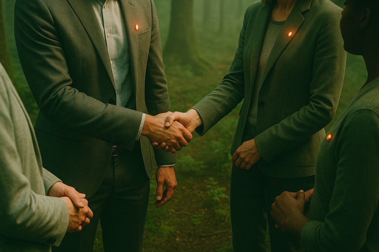 People in suits shaking hands outdoors in a foggy forest, wearing red safety pins.
