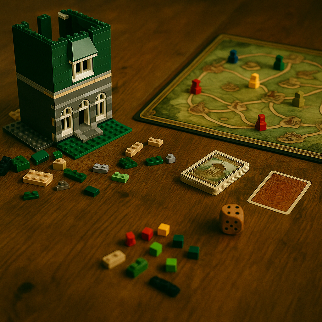 A tabletop board game setup with a building brick model, game pieces, and playing cards. Representing Andreas Zehent's personal passions.