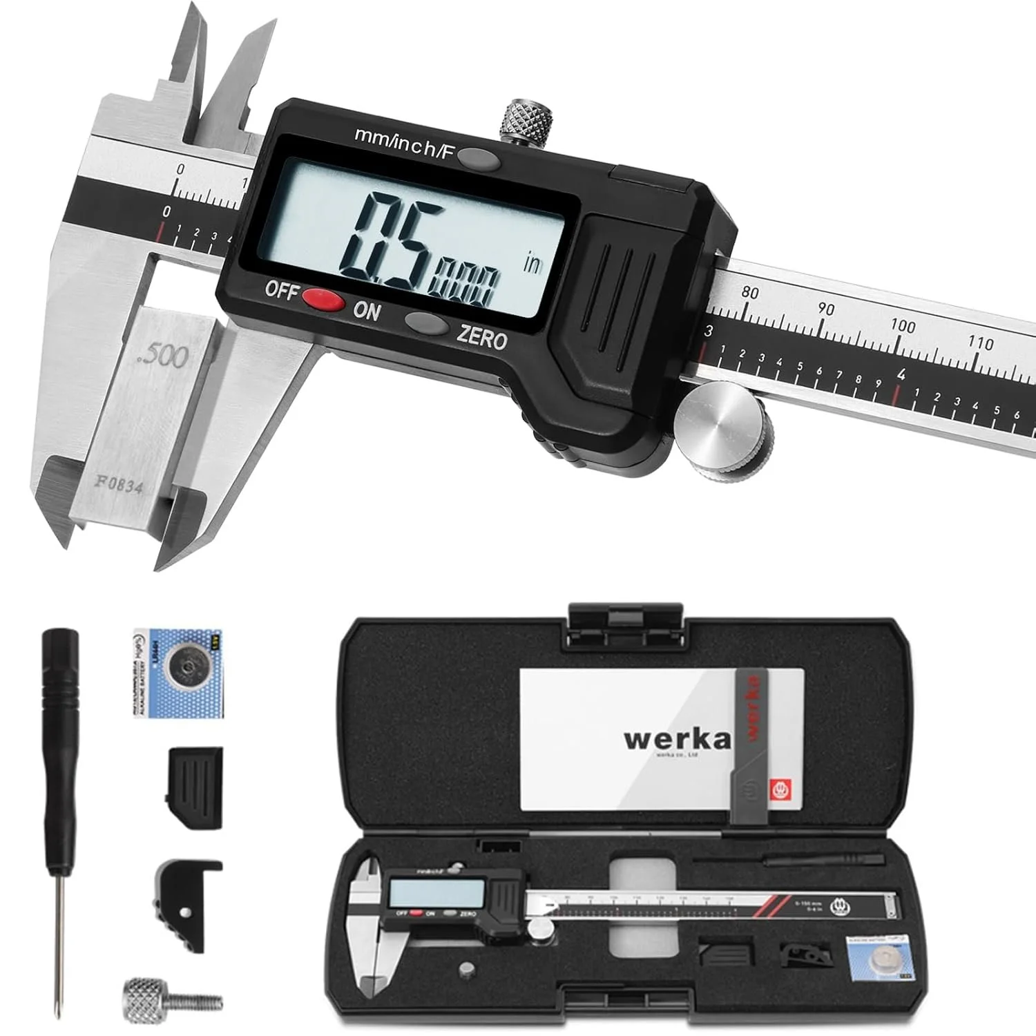 Digital Caliper, 0-6” Calipers Measuring Tool, Micrometer Caliper with 0.001”High-Accuracy,Inch/Fraction/Millimeter Conversions Button,4 Measuring Ways, Stainless Steel Construction 6000150