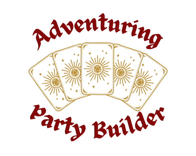Design with five tarot cards showing a sunburst and a 20 sided dice in the center, with the words 'Adventuring Party Builder' in red text above and below.