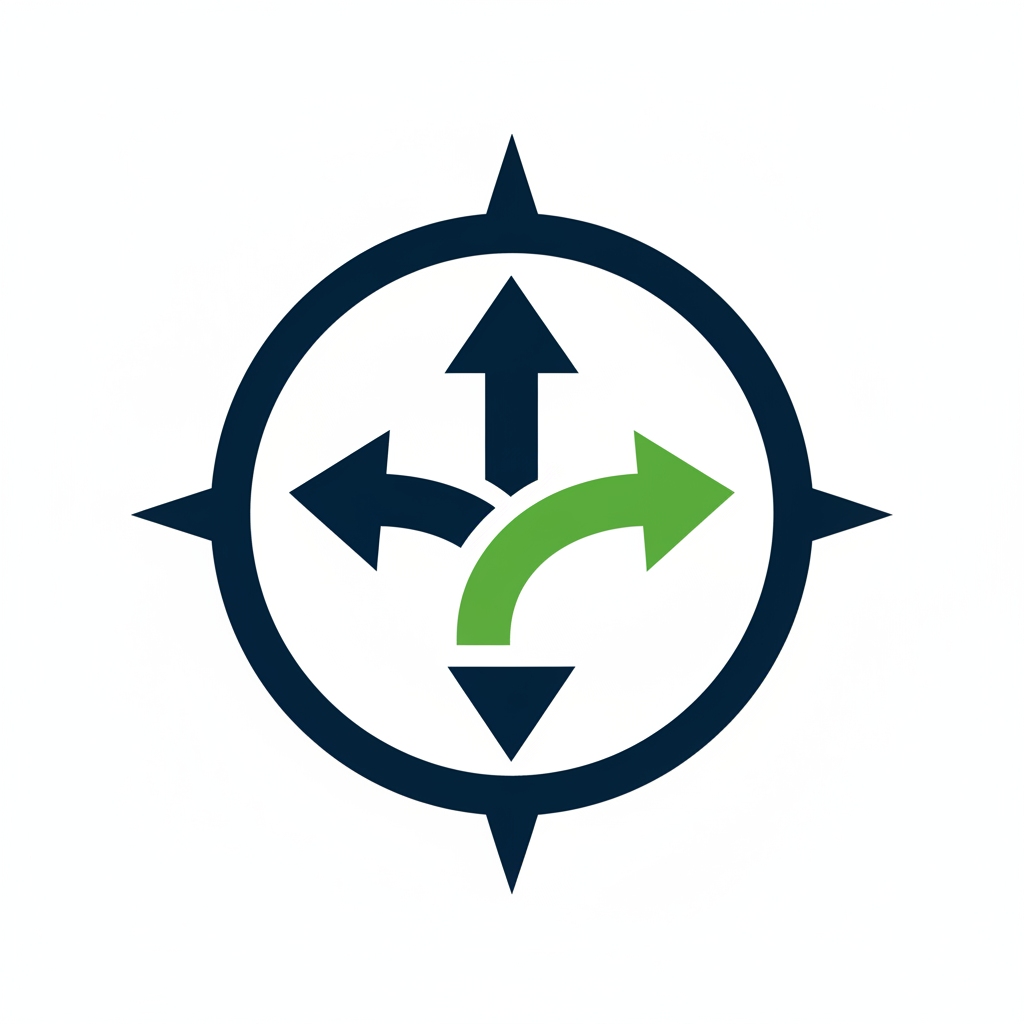 A compass rose with four black arrows pointing north, south, east, and west, and a green arrow curving to the right.