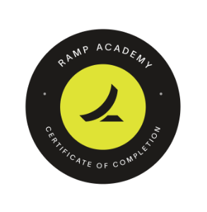 Logo of Ramp Academy featuring a black circle, a lime green circle with a minimalist ramp icon, and the text 'Ramp Academy' and 'Certificate of Completion' around the circles.