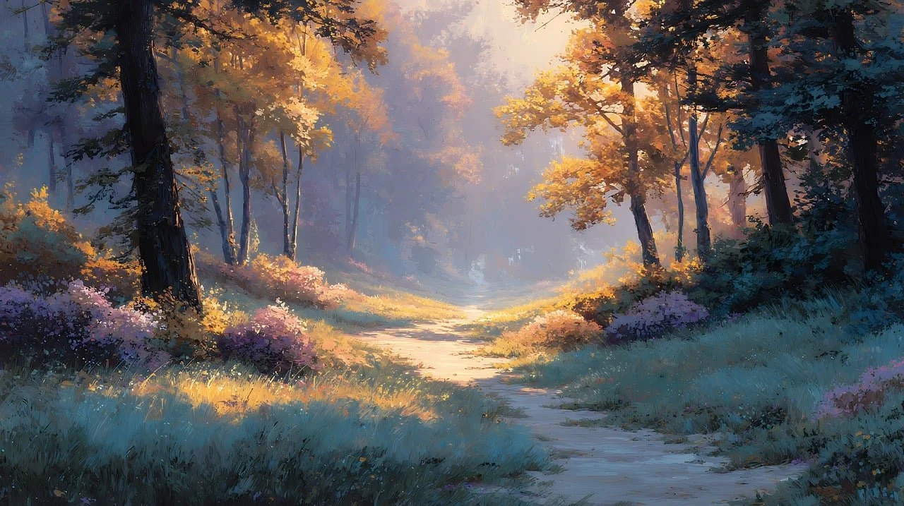 A peaceful, sunlit forest trail surrounded by colorful autumn trees and bushes.