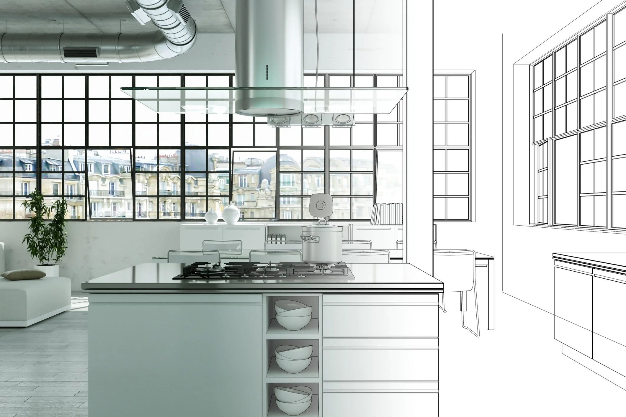 Half sketch, half finished kitchen image illustrating the transition from architectural design drawing to completed modern kitchen renovation with cabinetry, island and integrated lighting.