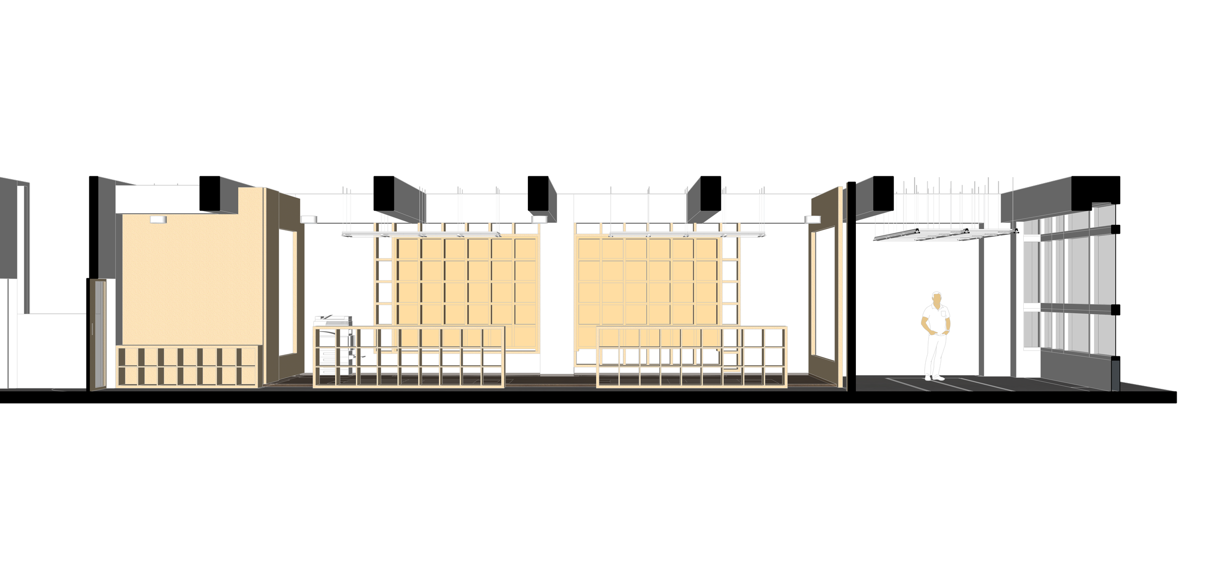  設計不以隔間牆劃分空間，而是利用松木板在高度、深度與模組密度上的差異，界定出展示、收納、交流與專注工作的區域。 
