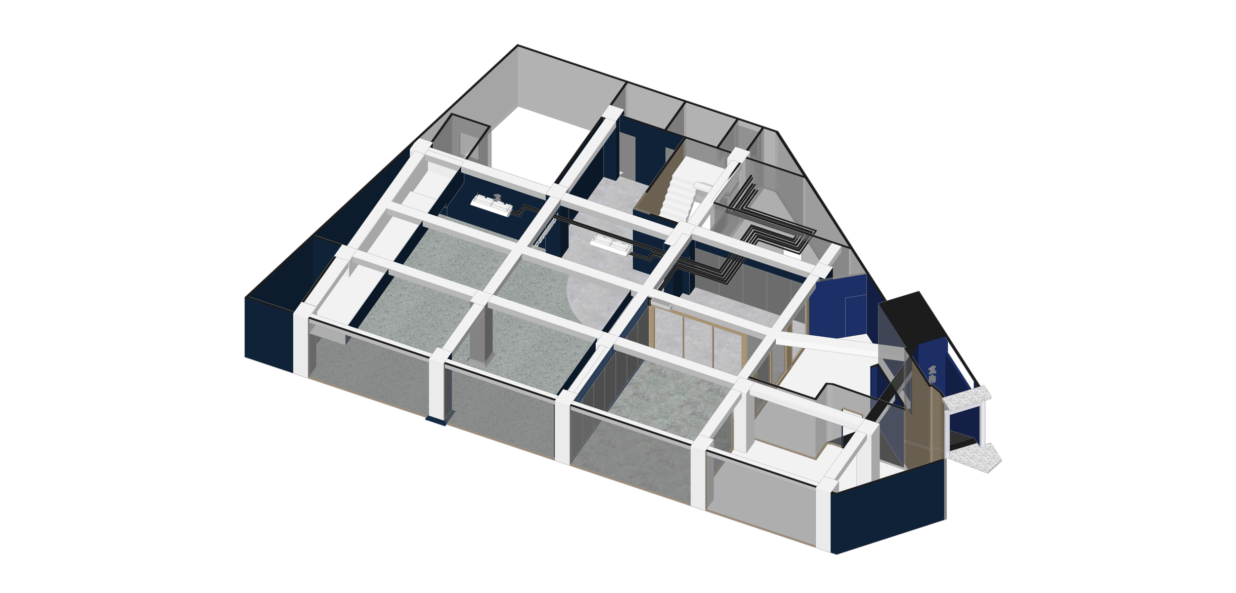  地下空間高度有限，無法透過架高處理， 設計團隊改以自平泥重新拉平地坪。 