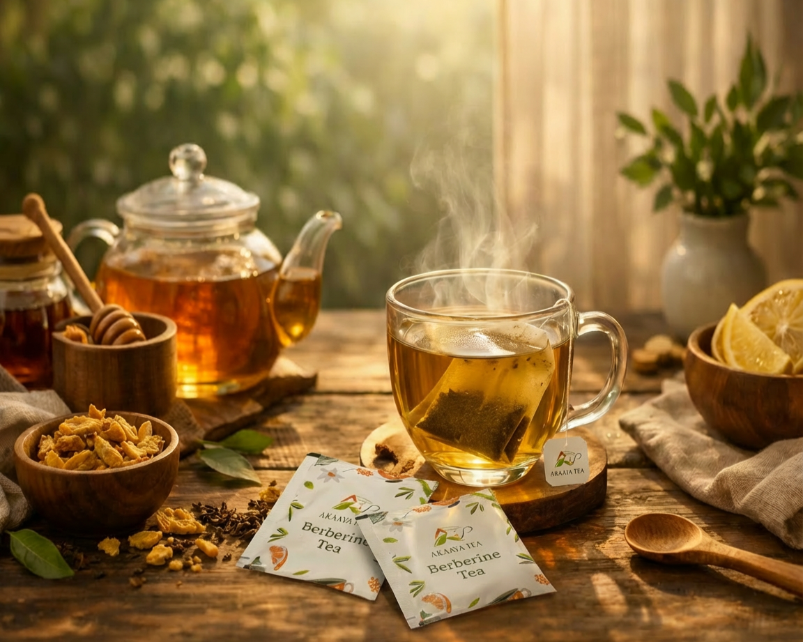 A steaming cup of herbal tea on a rustic wooden table, surrounded by honey, lemon slices, and tea packets labeled 'Berberine Tea', with a glass teapot in the background.