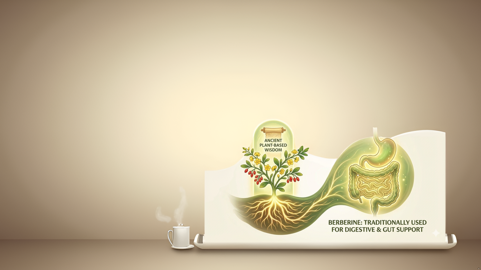 Illustration of a plant with roots, showing its benefits for digestion and gut support, highlighting ancient plant-based wisdom and berberine.