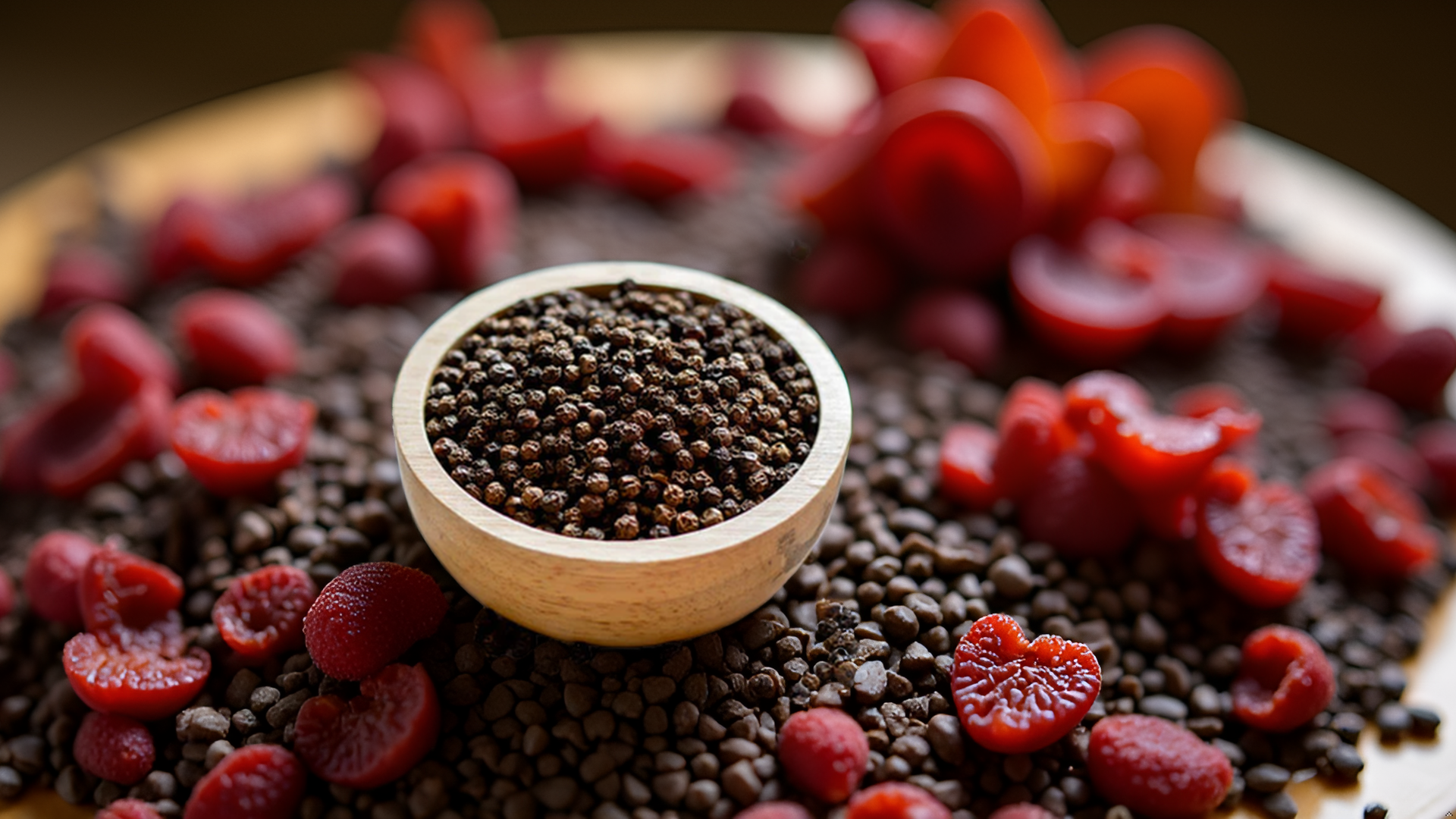 A close-up of a wooden bowl filled with black peppercorns, surrounded by halved and whole strawberries on a rounded surface.