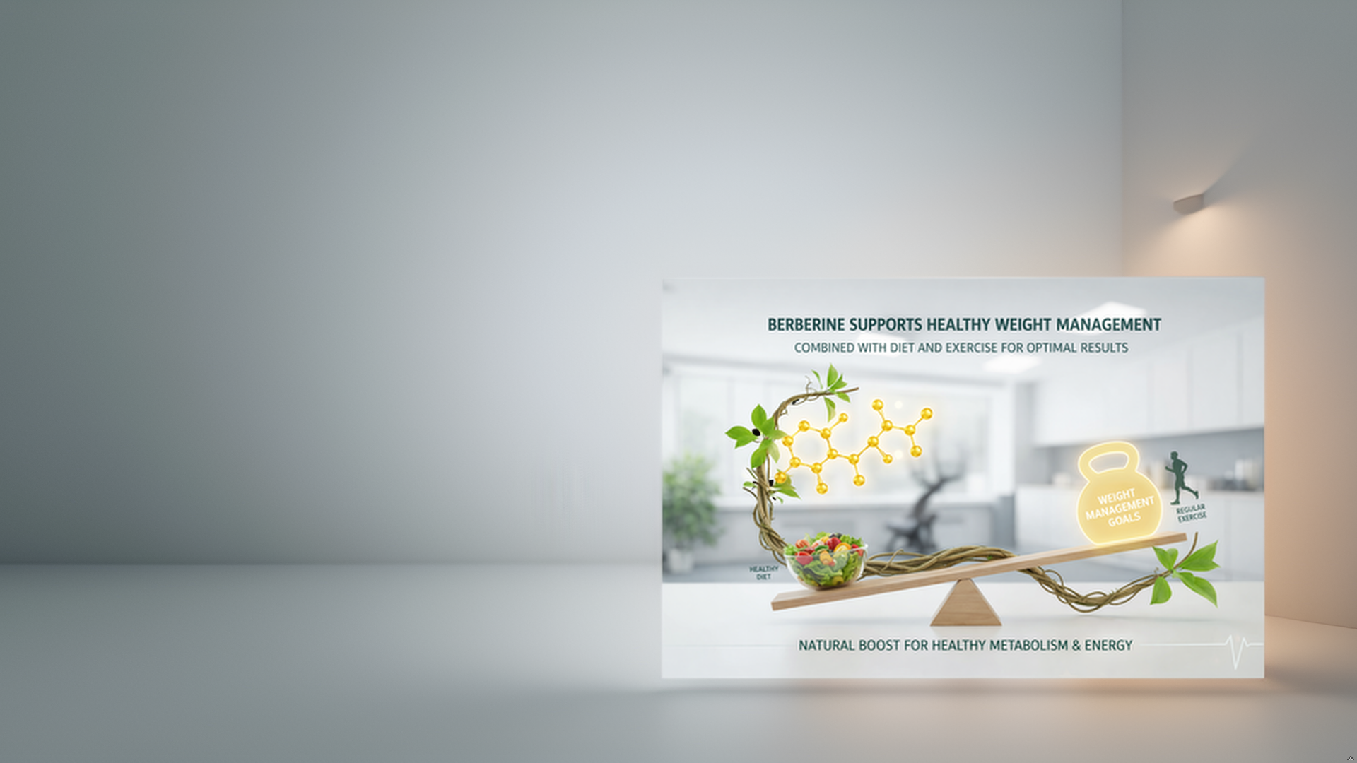 Infographic about berberine supporting healthy weight management, showing a balanced scale with salad and herbal ingredients, text mentions diet, exercise, and natural energy boost.