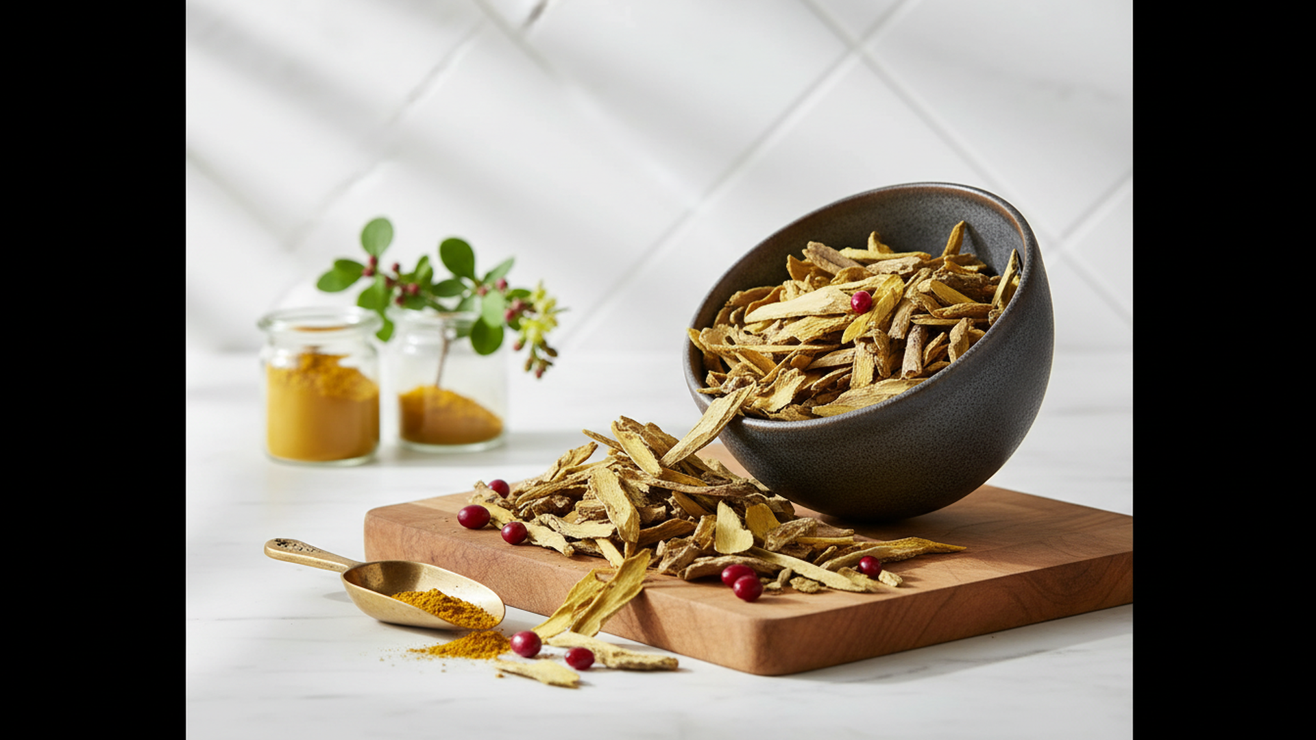 Dried sliced roots or herbs in a black bowl, with some spilled onto a wooden cutting board and red berries scattered around, on a white surface with jars of powder and a small branch in the background.