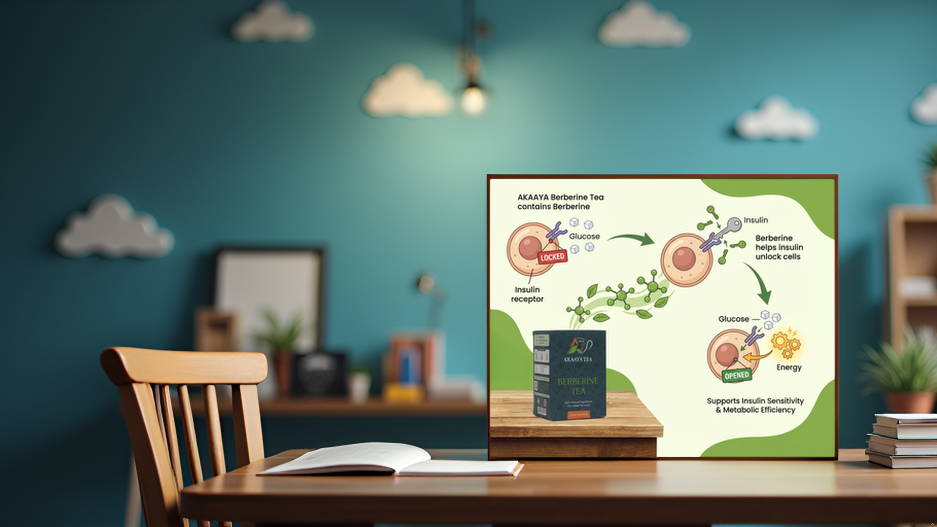 An informational poster displayed on a wooden table shows a diagram of how AKAYA Berberine Tea affects insulin and glucose levels, illustrating that berberine helps unlock cells and support insulin sensitivity and metabolic efficiency. The table has a box of Berberine Tea, an open book, and nearby books and plants in a room with a blue wall and decorative clouds.