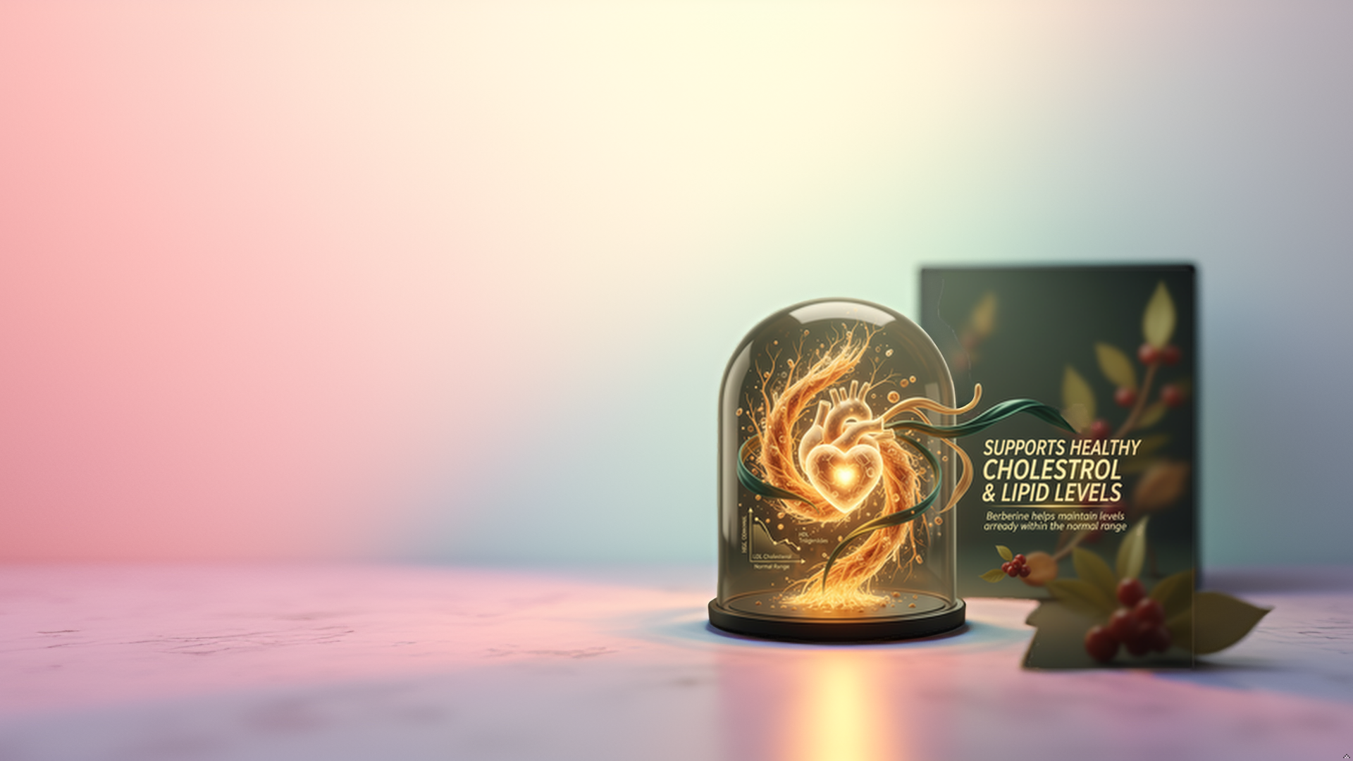 A digital rendering of a heart surrounded by branching, glowing arteries inside a glass dome, with a product packaging in the background promoting support for healthy cholesterol and lipid levels.
