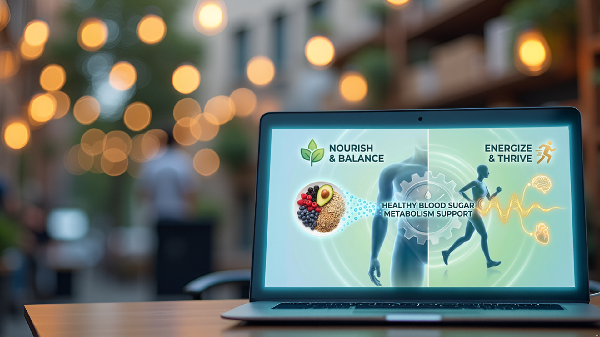 A laptop screen displaying a graphic with the phrases 'Nourish & Balance' and 'Energize & Thrive,' a silhouette of a running person, and icons of a brain and heart, with text about healthy blood sugar and metabolism support. The background features blurred outdoor lighting.