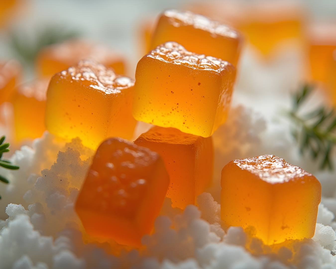 Close-up of orange gelatin cubes placed on white fluffy surface, with some greenery in the background.