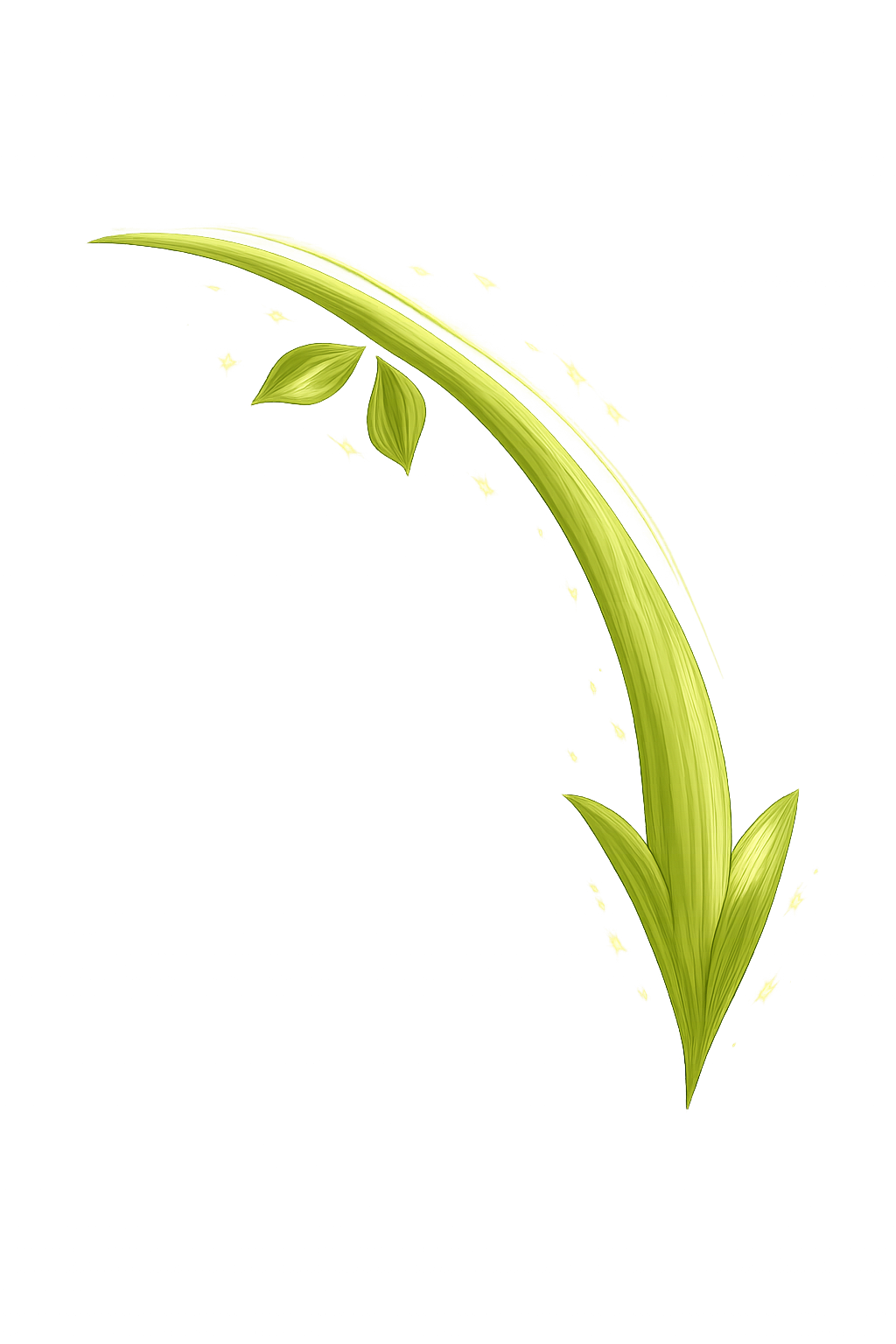 Digital illustration of a green plant with leaves, set against a black background with purple and green glowing accents.