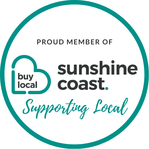A circular badge with a teal border and font, featuring the text 'Proud Member of sunshine coast. Supporting Local' and a heart-shaped logo with the words 'buy local' inside.